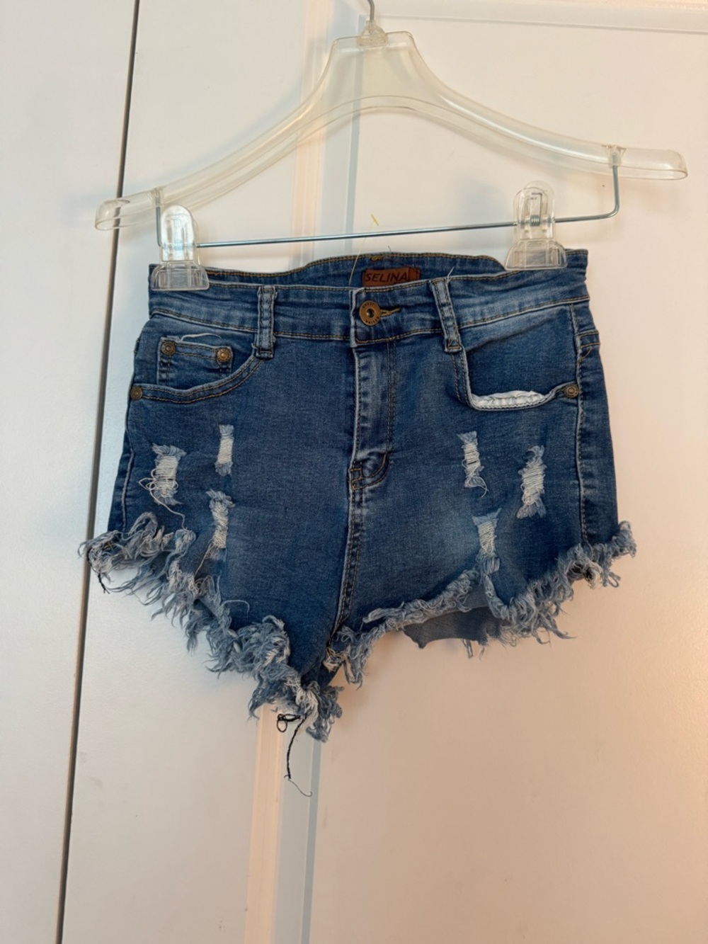 Selina Girls' Frayed Distressed Denim Shorts in Blue size 8
